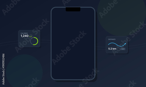 A dark smartphone mockup is surrounded by digital fitness widgets displaying calorie data and distance metrics against a minimalist dark blue background with abstract shapes.