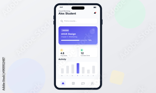 A mobile app user interface shows an online learning dashboard with course progress, student performance metrics, and weekly activity tracking on a sleek smartphone screen.