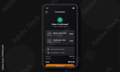 A smartphone displays a furniture order confirmation screen in dark mode. The interface shows a velvet sofa and bedside table purchase with a total price and a track order button.
