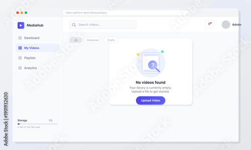This digital interface displays a video hosting dashboard with an empty state message and an upload button. It features a minimalist design with a sidebar and storage indicator.