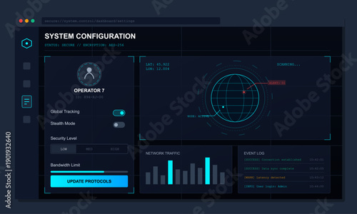 A futuristic digital dashboard interface for system configuration featuring an operator profile, global tracking map, network traffic charts, and a detailed event log on a dark background.