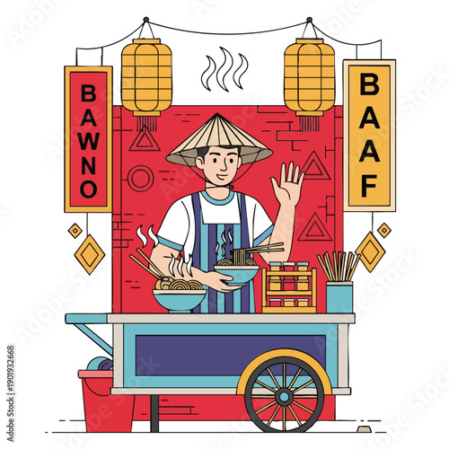 Asian street food vendor serving noodles from a cart.