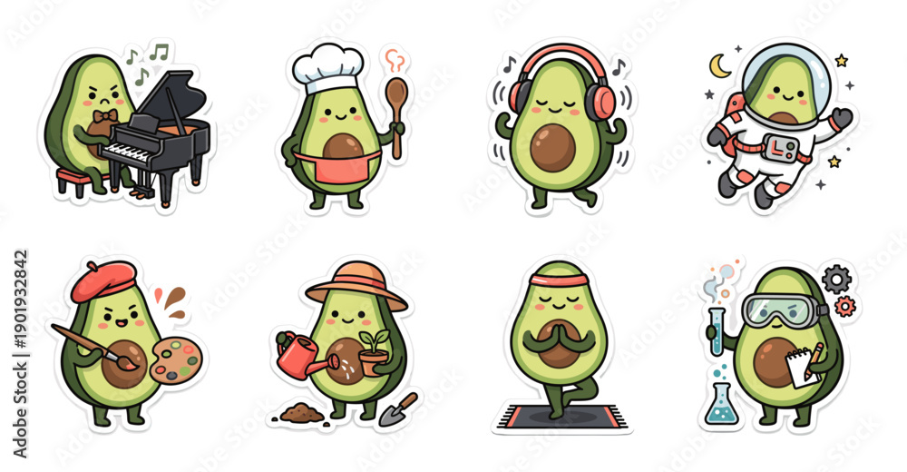 Obraz premium Cute Avocado Character Sticker Set with Various Hobbies