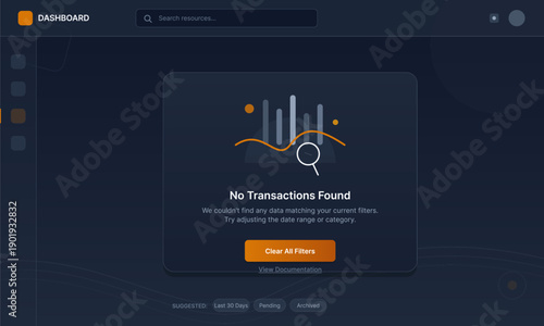 A dark user interface for a financial dashboard shows an empty state message. The screen includes a search bar, sidebar icons, and a button to clear filters on a dark background.