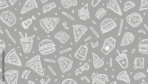 A seamless pattern of white fast food illustrations on a gray background