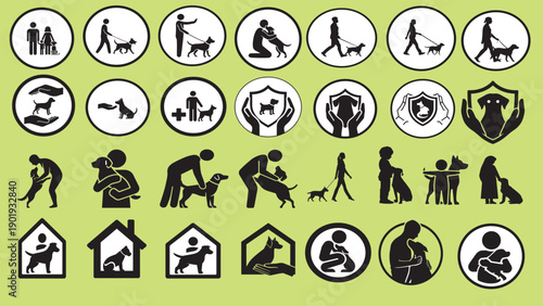 Dog care vector icon set: walking, training, veterinary, shelter, adoption, pet owner relationship silhouettes, green background isolated on White Background