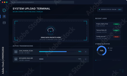 This dark blue digital interface shows a system upload terminal with active file transmissions, progress bars, server status, and storage allocation metrics for data management.
