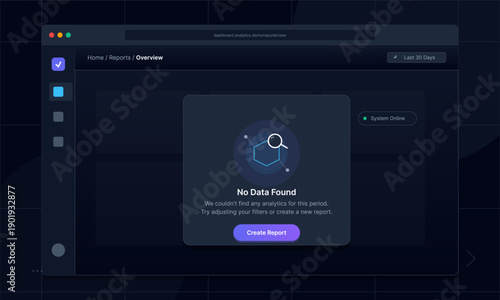 A dark mode web dashboard interface displays a modal window with a no data found message and a call to action button to create a new report for analytics and data visualization.
