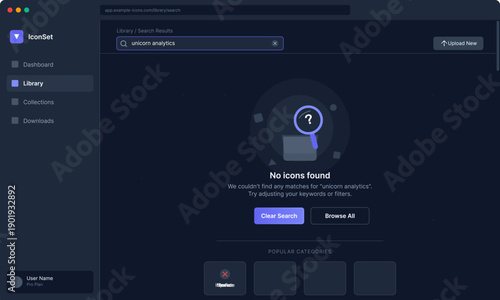 A dark mode web application interface showing a search results page with no icons found message and a magnifying glass illustration on a deep blue background with sidebar.
