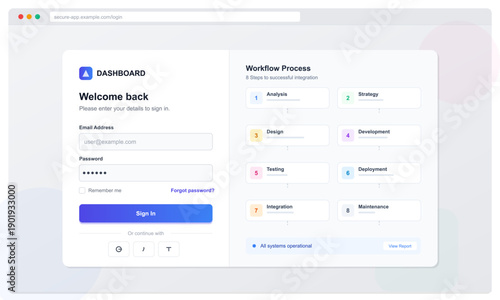 A modern and clean user interface design for a dashboard login page featuring a sign-in form on the left and a workflow process diagram with eight steps on the right side.