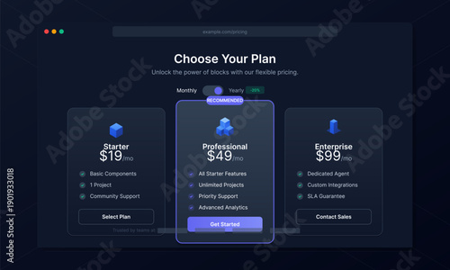 A dark-themed user interface design shows a pricing page for a software service with three tiers, featuring a monthly and yearly toggle and a recommended professional plan option.