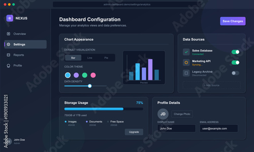 A dark themed software interface displays dashboard configuration options including chart visualization settings, data source toggles, storage metrics, and profile info.