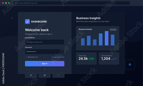A modern dark mode login interface for a business dashboard featuring a sign-in form and data visualization charts including revenue growth and user statistics on a dark background.