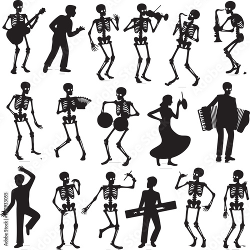 black silhouettes of people and skeletons playing musical instruments