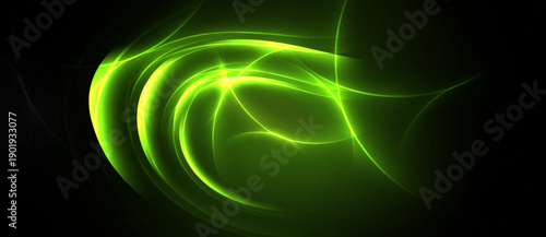 Bright green energy flows, swirling curves illuminate dark background. Abstract design evokes motion, light intensity.