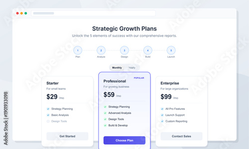 A clean website user interface design showing three subscription pricing plans for strategic growth services, including starter, professional, and enterprise tiers with feature lists.