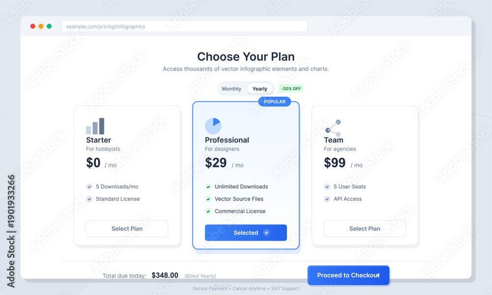 Obraz premium A clean user interface design for a pricing plan page featuring three subscription tiers: Starter, Professional, and Team, with a yearly billing toggle and a checkout button.