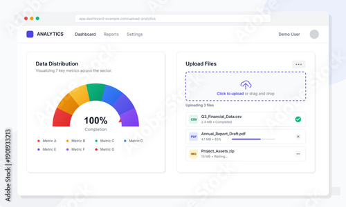 A digital analytics dashboard interface featuring a colorful semi-circular gauge chart for data distribution and a file upload section showing progress for multiple documents.