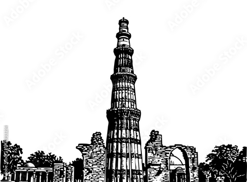 Kutub Minar Pencil sketch Illustration, Kutub Minar Illustration 
