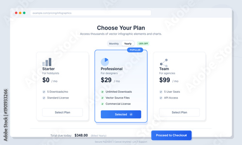 A clean user interface design for a pricing plan page featuring three subscription tiers: Starter, Professional, and Team, with a yearly billing toggle and a checkout button.