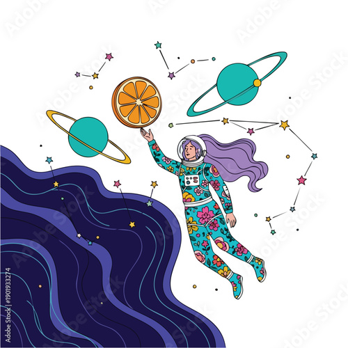 Astronaut girl floating in space holding an orange slice.