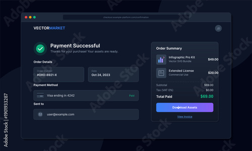 A dark mode user interface design showing a successful payment confirmation page for digital assets with order details, summary, and a download button on a dark background.