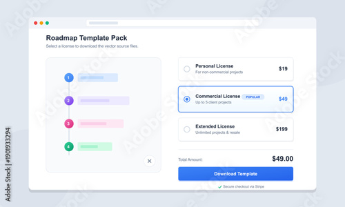 This user interface design shows a checkout page for a roadmap template pack with various license tiers, a preview graphic, and a blue download button on a white background.