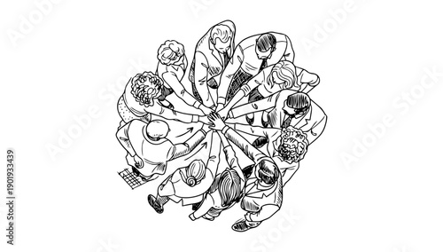 Continuous line drawing of diverse people joining hands in a circle, symbolizing unity, teamwork, inclusion, cooperation, and collective strength