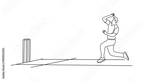 Line art illustrations of a cricket bowler and batsman in action, capturing movement, sportsmanship, focus, and competitive energy of cricket