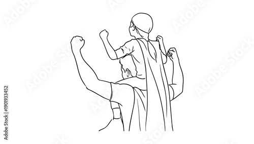Line art drawing depicting a father carrying his child on shoulders, symbolizing parental love, trust, bonding, family happiness, and emotional connection