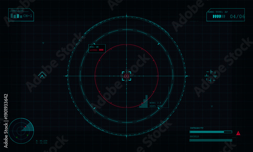 A futuristic digital heads-up display interface featuring a circular targeting reticle, crosshairs, and various data readouts like ammo type and shield integrity on a dark grid background.