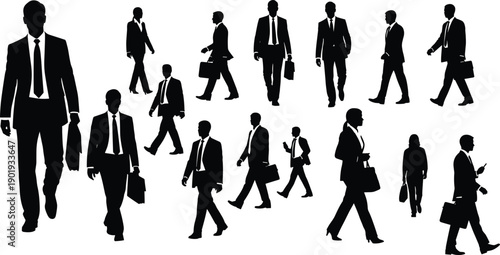 Business people silhouettes set, professional corporate men and women walking with briefcases, office employees in suits, leadership vector design elements for creative presentations.