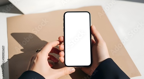 Close Up Female Hands Holding Modern Black Smartphone Blank White Screen Over Brown Paper On White Table Surface With Bright Sunlight