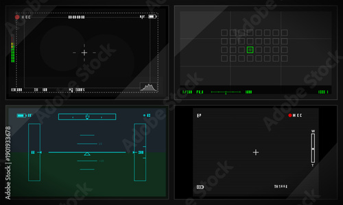 This set features four distinct digital camera and video recorder viewfinder interfaces. It includes recording indicators, focus grids, flight telemetry, and retro scanline displays.