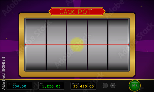 A digital slot machine interface features five empty reels with a gold frame and a red jackpot banner. The bottom panel displays bet, win, and balance amounts with a green spin button.