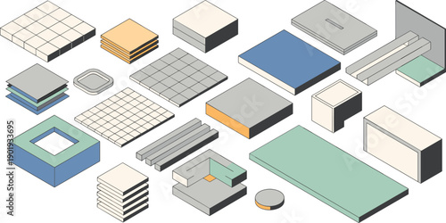 isometric 3d geometric blocks set, abstract architecture shapes tiles platforms modular design construction elements illustration collection kit resource
