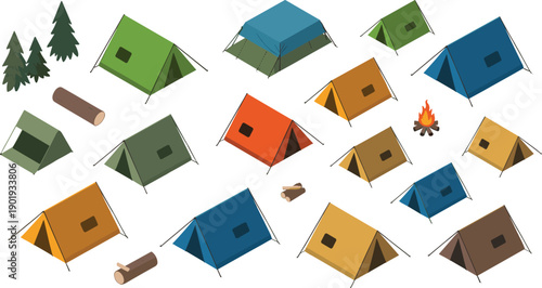 isometric camping tents set, outdoor adventure equipment forest campfire travel hiking shelter 3d illustration collection gear design pack