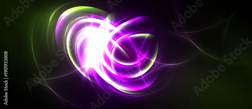 Bright abstract swirls, vibrant purple, green hues dominate dark background. Energetic lines create dynamic visual impact.