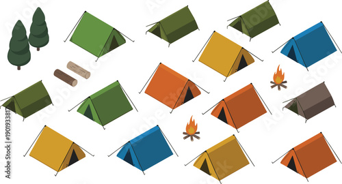 isometric camping tents collection, outdoor adventure equipment forest campfire travel hiking shelter 3d illustration gear set design pack