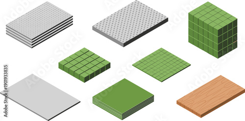 isometric construction material blocks set, modular tiles panels wood concrete surfaces 3d building elements illustration design collection pack