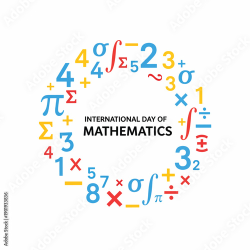 Colorful math symbols surround 'International Day of Mathematics' text