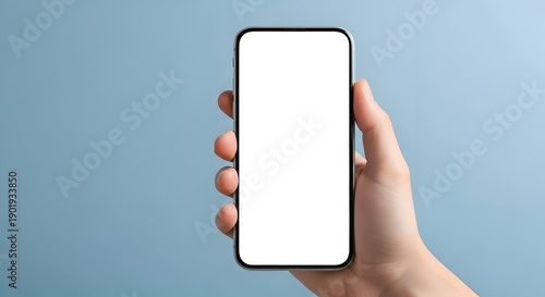 Hand Holding Smartphone with Blank Screen on Blue Background Displaying Modern Technology