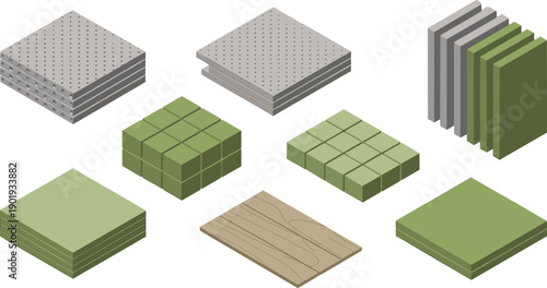 isometric construction material tiles set, modular panels blocks surfaces wood concrete 3d building elements illustration collection design pack