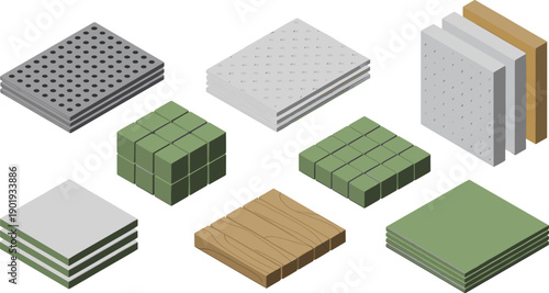isometric construction material tiles set, modular blocks panels wood metal surfaces 3d building elements illustration collection design pack