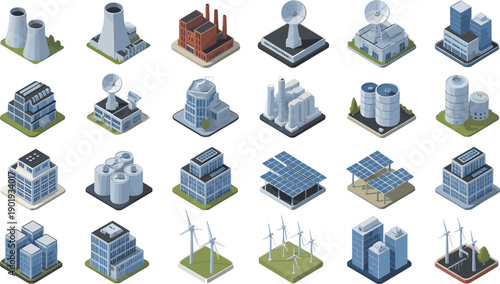 isometric industrial factory power plant icons, renewable energy buildings solar panels wind turbines urban infrastructure technology illustration set