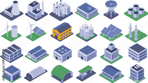 isometric industrial energy infrastructure icons, factory buildings solar panels wind turbines power plants urban technology illustration collection set