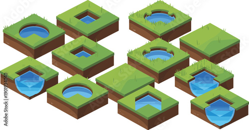 isometric land water terrain blocks set, grass soil cross section ponds environment landscape 3d tiles illustration collection design