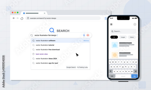 This illustration features a desktop web browser and a mobile smartphone displaying search engine interfaces with search bars and suggested queries related to vector illustration design.