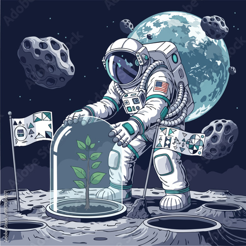 Astronaut nurturing a plant in a glass dome on the moons surface.