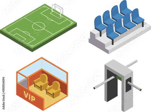 isometric stadium elements set, football field vip box seats turnstile entrance sports arena infrastructure 3d illustration collection design